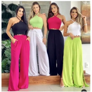 Calça Pantalona Feminina Fendas Laterais Cintura Alto Forrado Moda